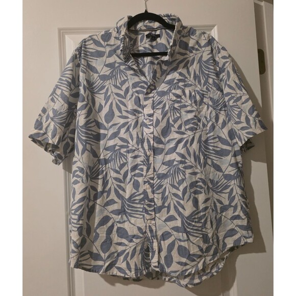 Men's Linen Blend Short-Sleeved Tropical Print Button Up Blue White Size XL - Picture 1 of 7